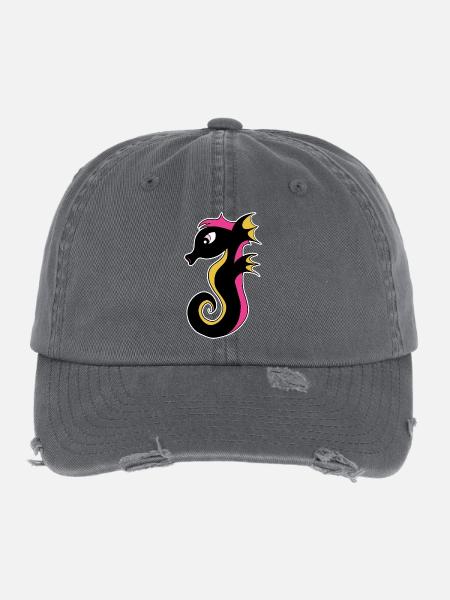 Blühendes Neon-Seepferdchen - Flexfit Vintage Destroyed Cap - Dunkelgrau - Vorne