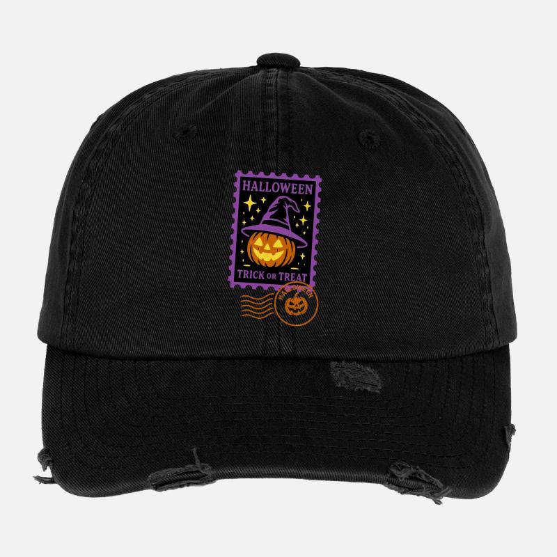 Briefmarke - Halloween Kürbis mit Zauberhut Flexfit Vintage Destroyed Cap