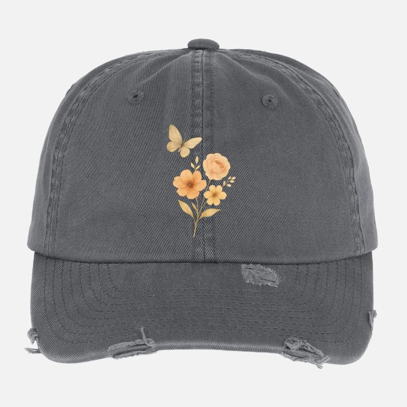 Fleurs pastel avec papillon Casquette vintage effet usé Flexfit