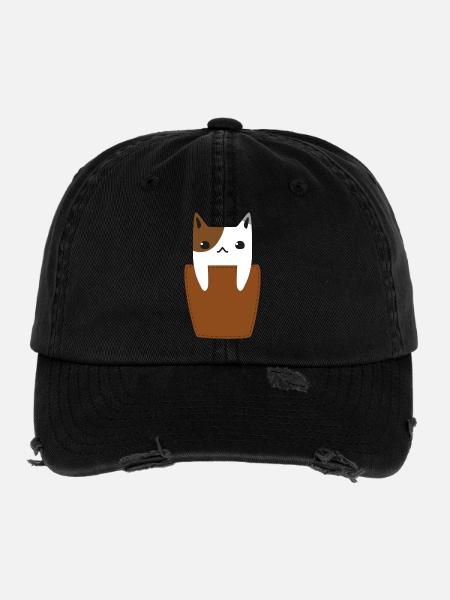 Brusttasche mit Katze - Flexfit Vintage Destroyed Cap - Schwarz - Vorne