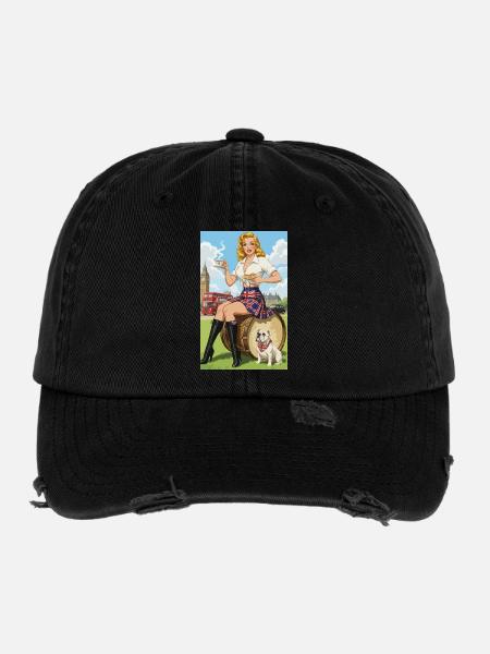 Pin-up britannique avec Bulldog et Londres - Casquette vintage effet usé Flexfit - noir - Devant