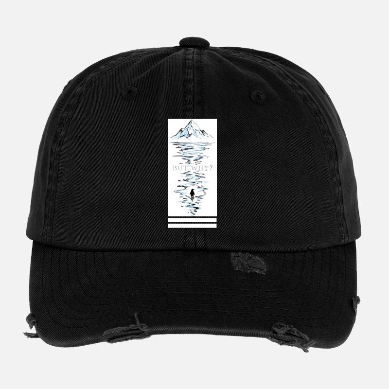 Penguin in Mountains asks But Why - Flexfit Vintage Destroyed Cap - black