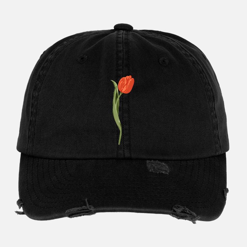 Vivid Red Tulip Illustration Flexfit Vintage Destroyed Cap