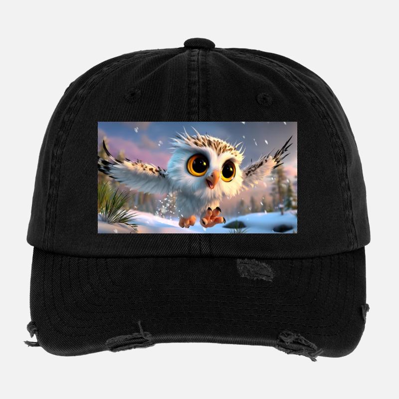 Fluffy snowy owl with googly eyes in flight Flexfit Vintage Destroyed Cap