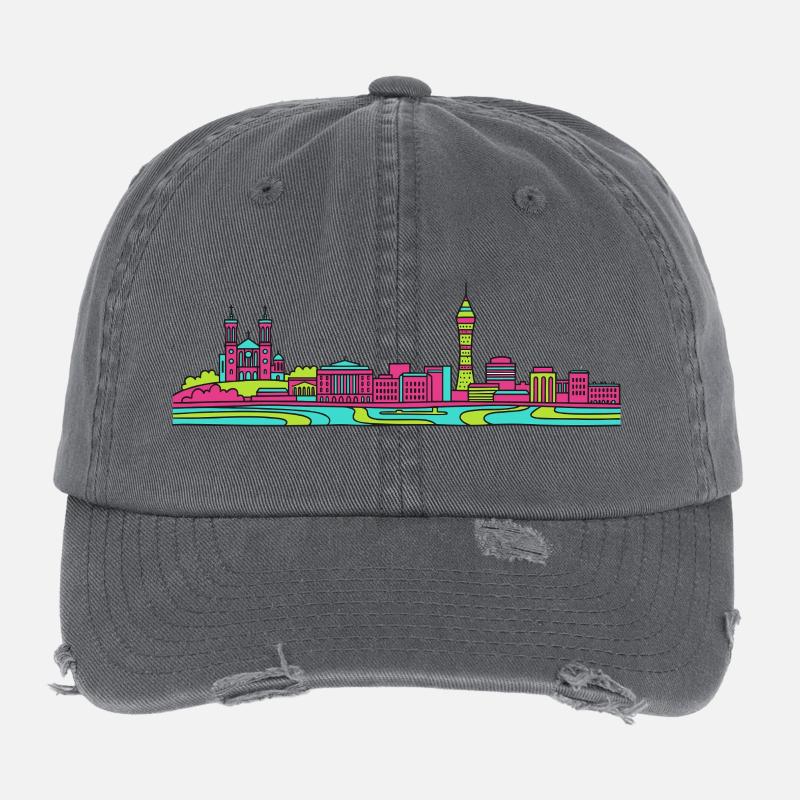 Lyon City Skyline Basilica Modern Line Art Flexfit Vintage Destroyed Cap