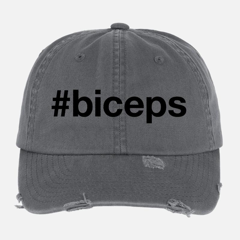 BICEPS Biceps Hashtag Muscle Training Dumbbell Gym Flexfit Vintage Destroyed Cap