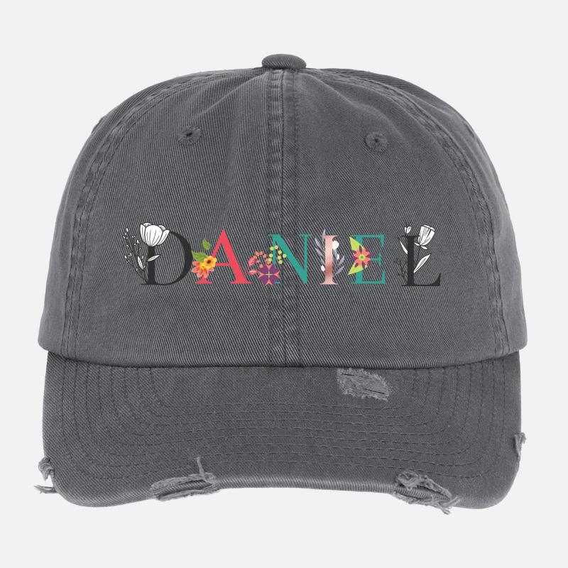 Art du nom DANIEL avec des fleurs brodées Casquette vintage effet usé Flexfit