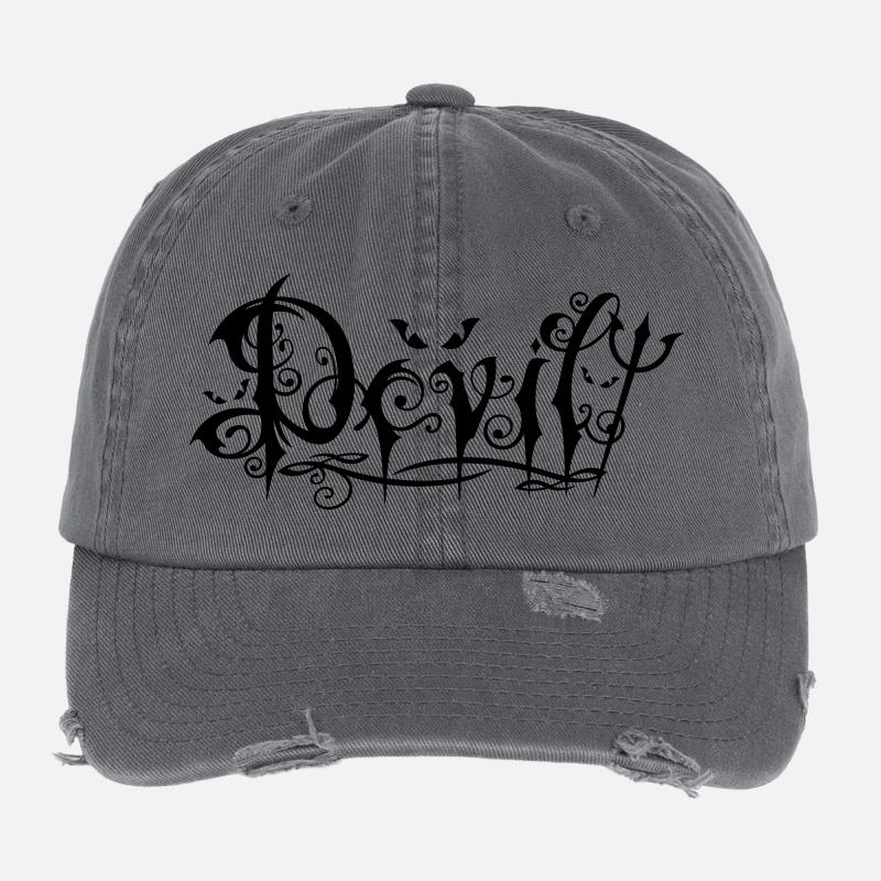 Devil Schriftzug im ornamentalen Gothic-Stil Flexfit Vintage Destroyed Cap