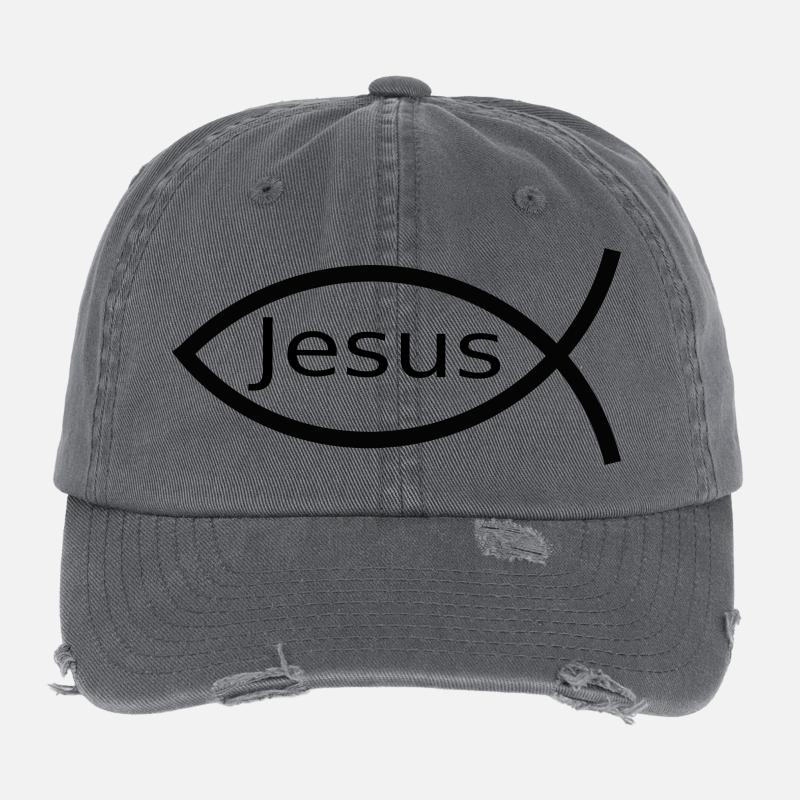 Jesus fish black Ichthys fish fish Flexfit Vintage Destroyed Cap