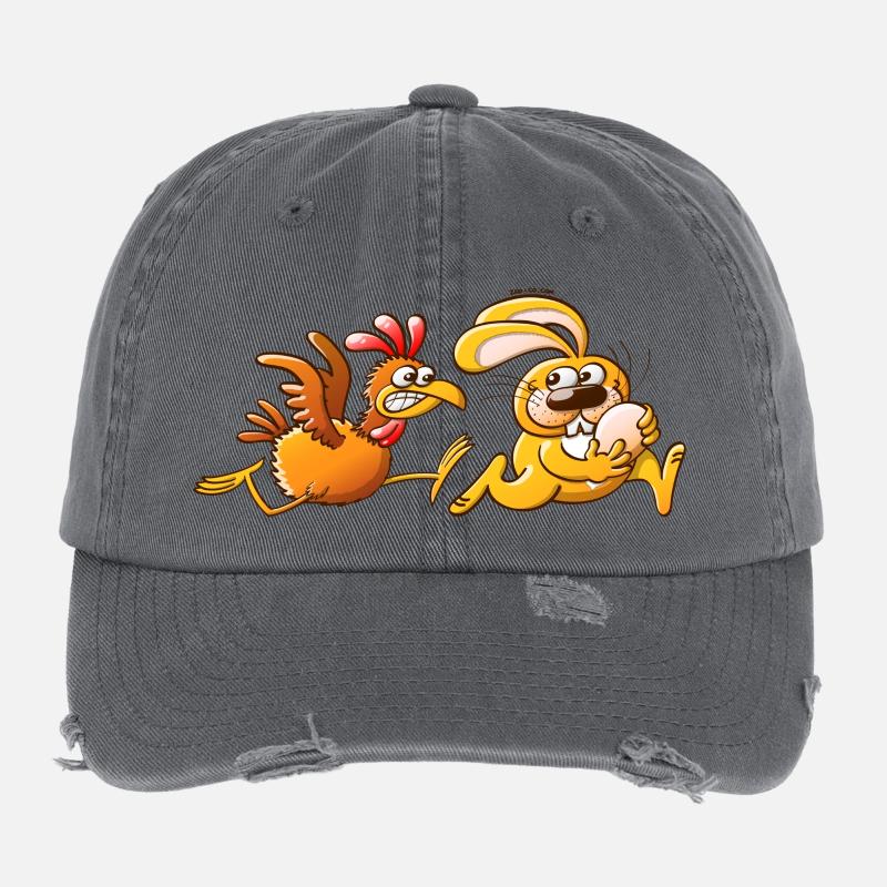 Easter Bunny Stealing an Egg from a Furious Hen Flexfit Vintage Destroyed Cap