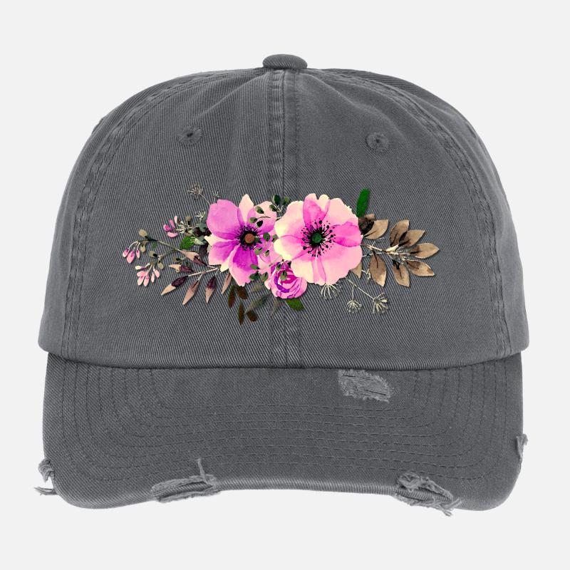 Watercolor Pink Roses Line Flexfit Vintage Destroyed Cap