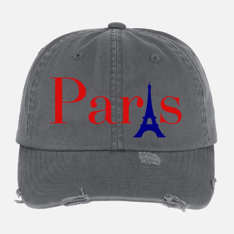 Paris Red Text with Blue Eiffel Tower Flexfit Vintage Destroyed Cap