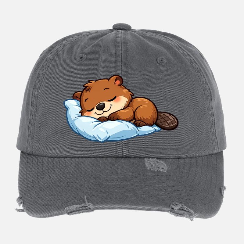 Sleeping Beaver on Blue Pillow Flexfit Vintage Destroyed Cap