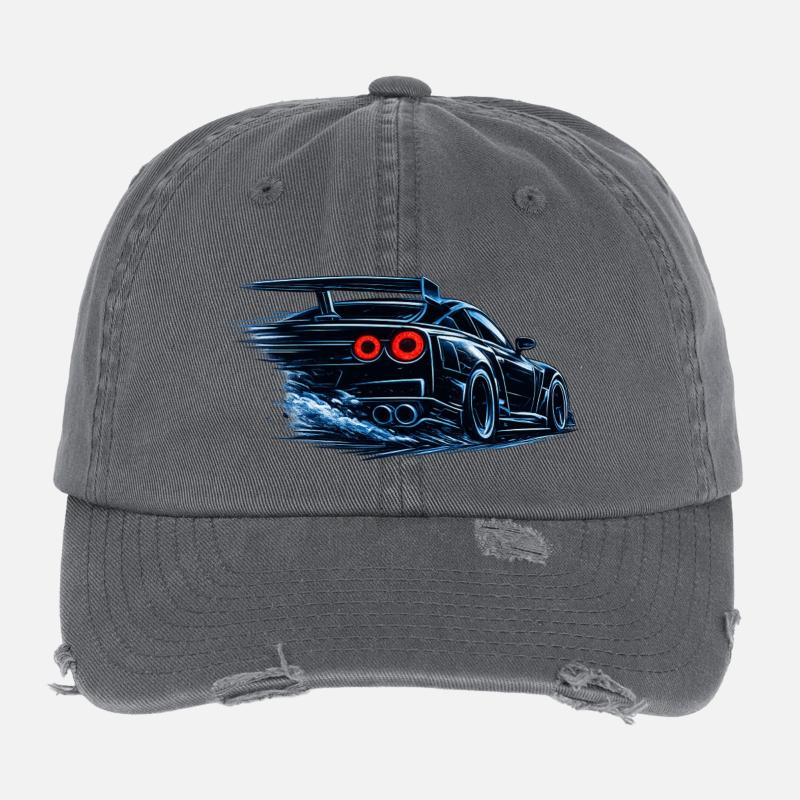 Blauer Sportwagen in Geschwindigkeit Flexfit Vintage Destroyed Cap