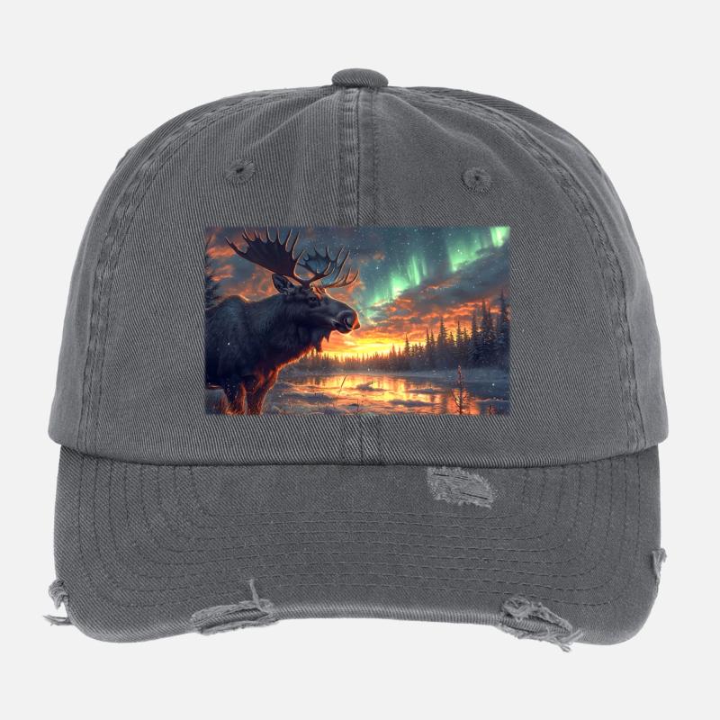 Moose under the Northern Lights: Arctic Magic Flexfit Vintage Destroyed Cap