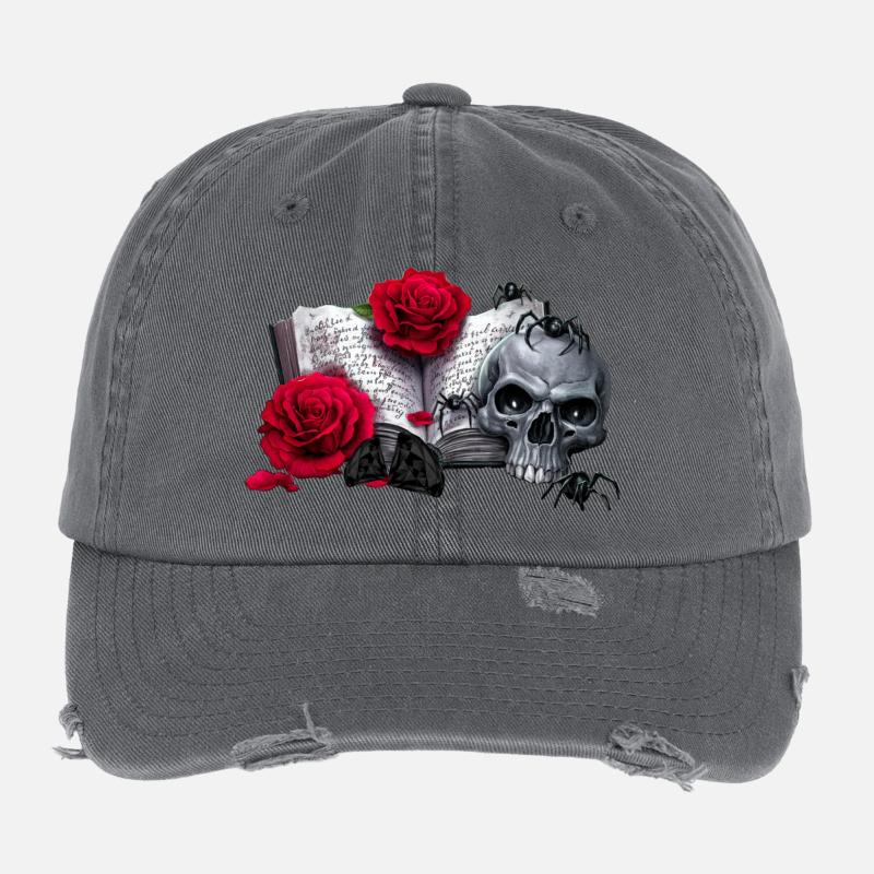 Gothic-Buch mit Rosenblüten, Menschenschädel Flexfit Vintage Destroyed Cap