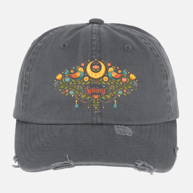 Ornement printanier avec fleurs, oiseaux et lune Casquette vintage effet usé Flexfit