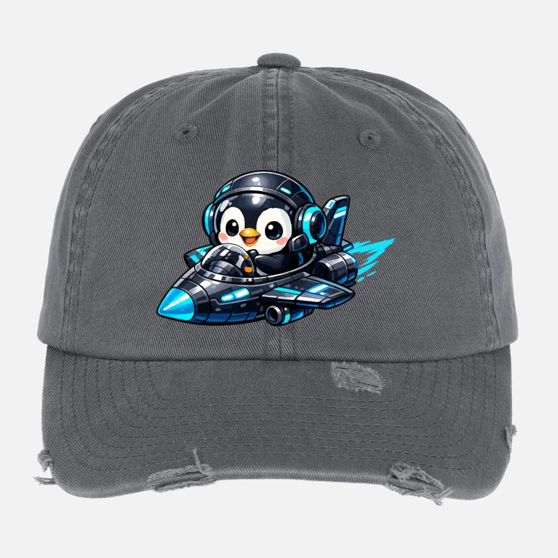 Neon penguin pilot in rocket jet Flexfit Vintage Destroyed Cap