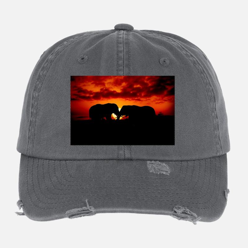 Silhouette d’éléphants au coucher du soleil Casquette vintage effet usé Flexfit