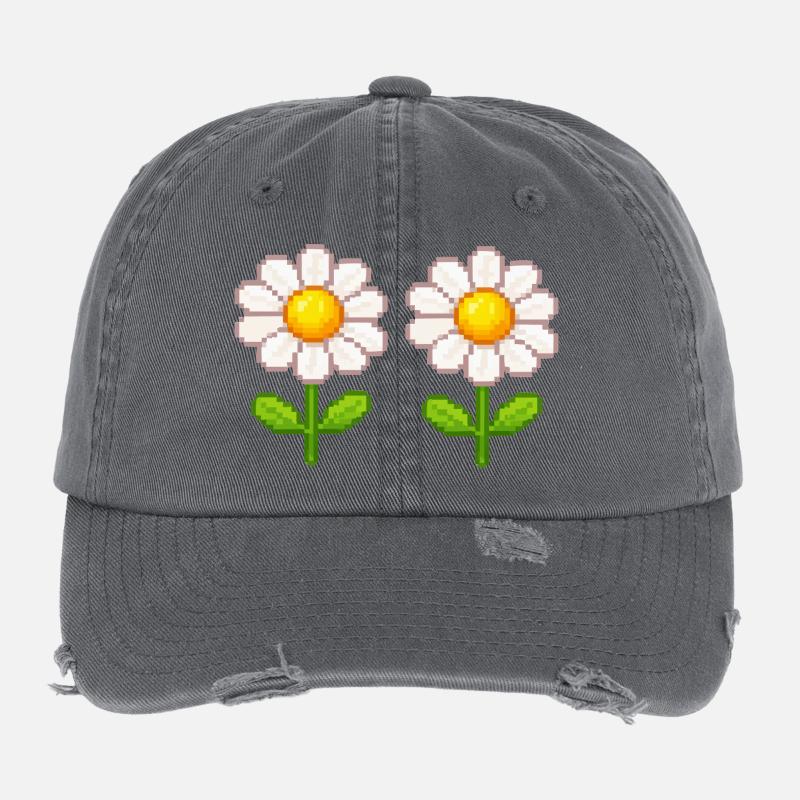 Pixel Daisy Double Flowers Flexfit Vintage Destroyed Cap