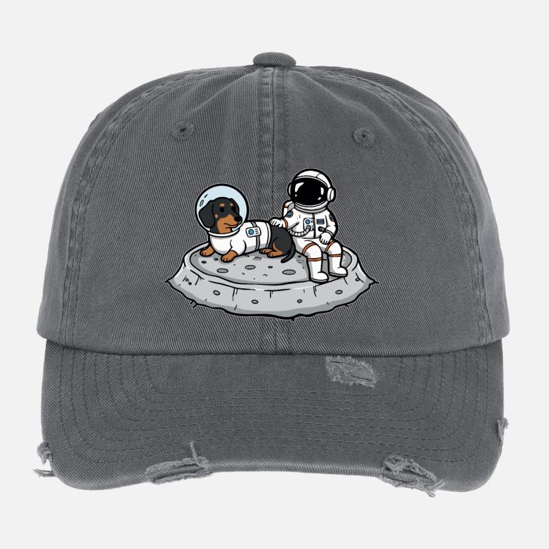 Astronaut Dog Dachshund Moon Space Flexfit Vintage Destroyed Cap