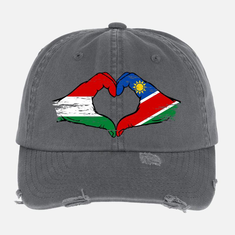 Hungary Namibia flag hands heart used Flexfit Vintage Destroyed Cap