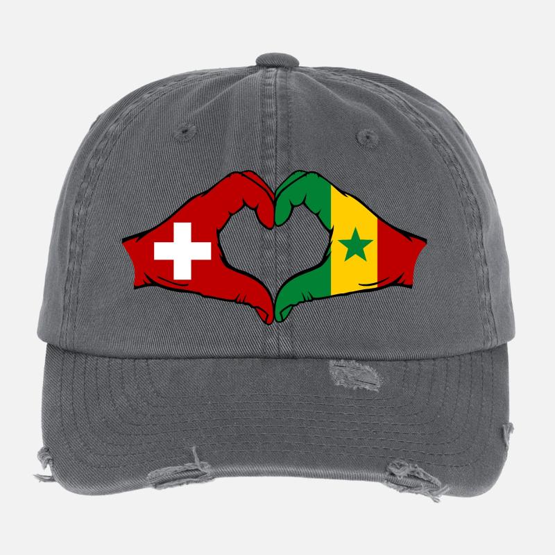 Switzerland Senegal Flag Hands Heart Shape Flexfit Vintage Destroyed Cap