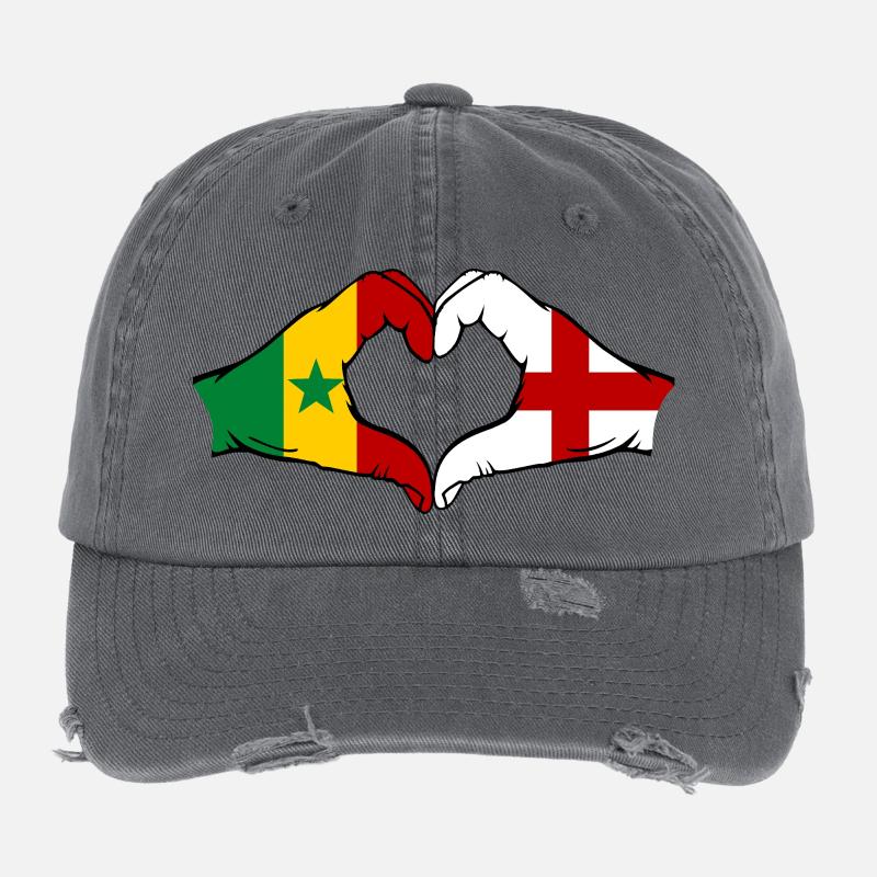 Sénégal Angleterre drapeau mains forme de coeur utilisé Casquette vintage effet usé Flexfit