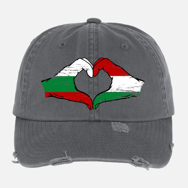 Bulgaria Hungary Flag Hands Heart Shape Flexfit Vintage Destroyed Cap