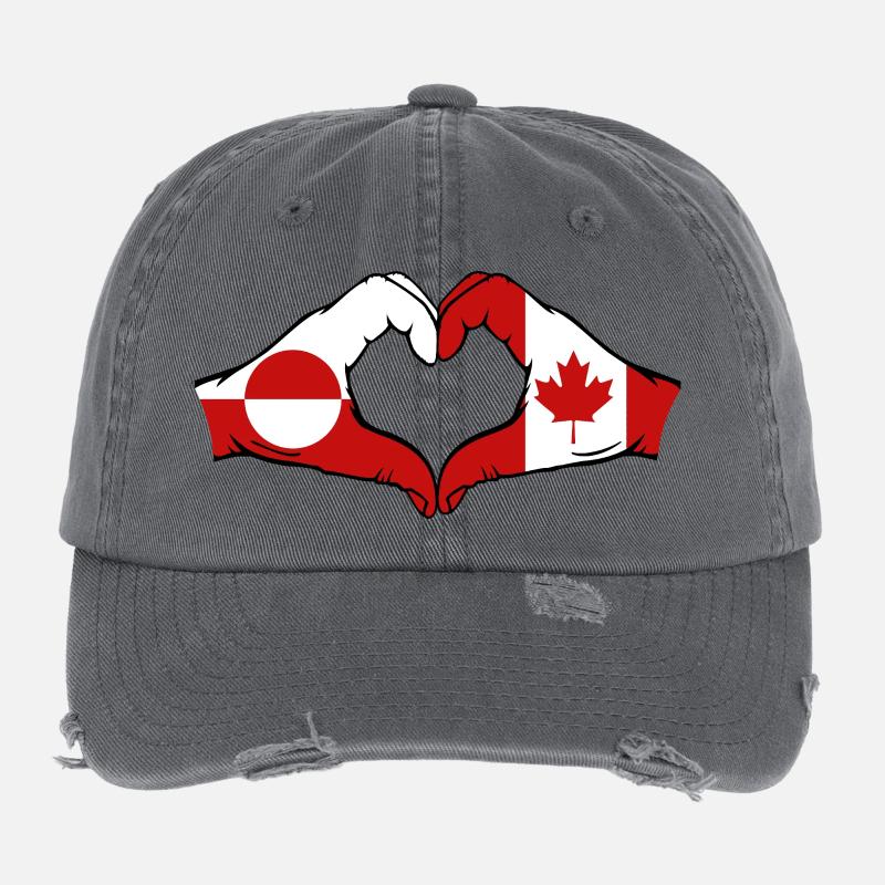 Greenland Canada Flag Hands Heart Shape Flexfit Vintage Destroyed Cap