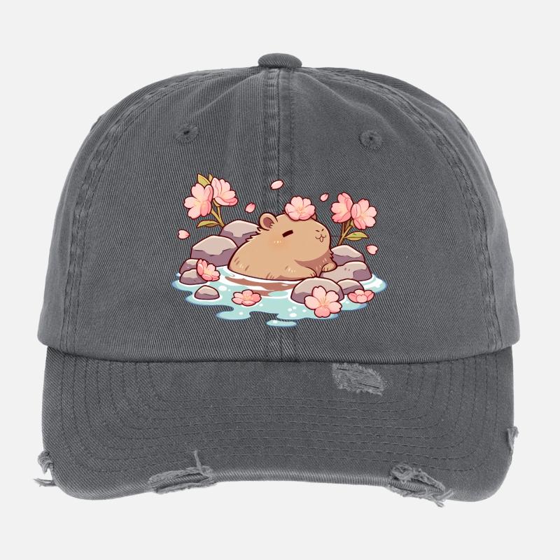 Cute Capybara Onsen – Cherry Blossom Kawaii Design Flexfit Vintage Destroyed Cap