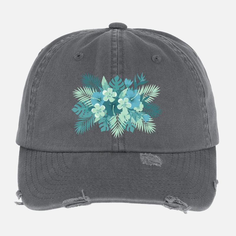 Tropical Teal Floral Composition Flexfit Vintage Destroyed Cap