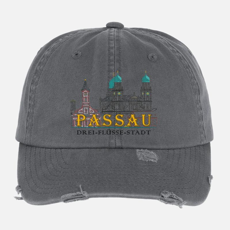 Passau Danube View, Bavaria, Germany, Drawing Flexfit Vintage Destroyed Cap