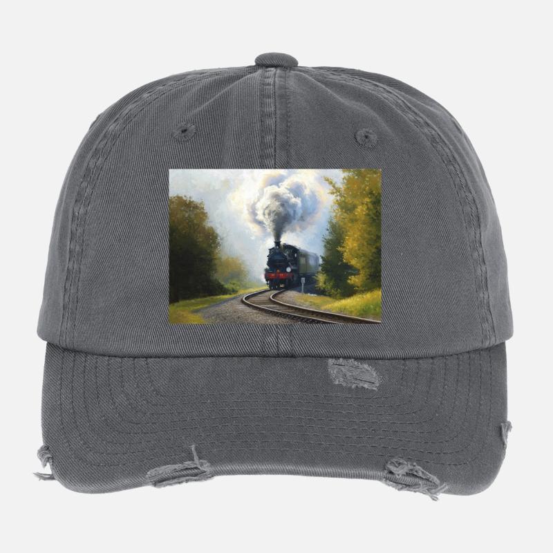 Autumn Steam Train in Woods Flexfit Vintage Destroyed Cap