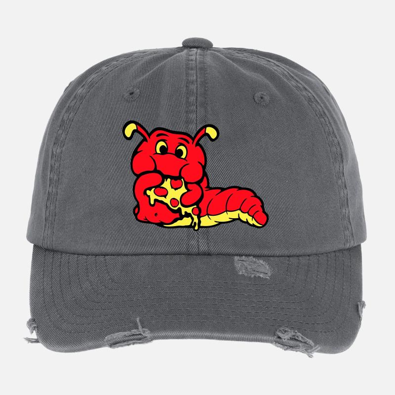 Chenille ver Happy Eating Pizza Salami Restauration rapide Casquette vintage effet usé Flexfit