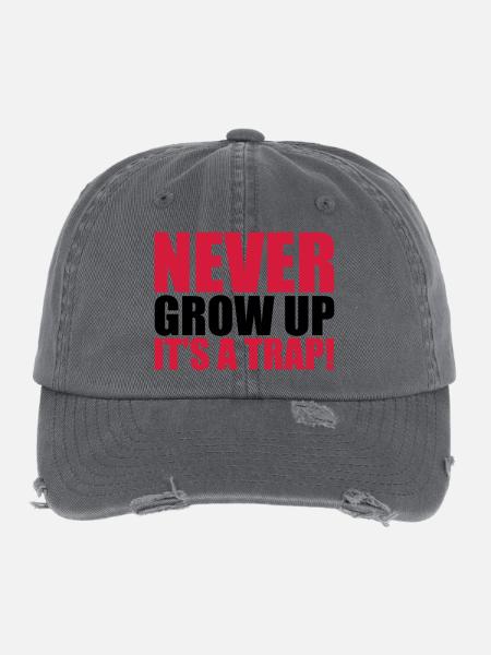 Never Grow Up - Flexfit Vintage Destroyed Cap - dark grey - Front