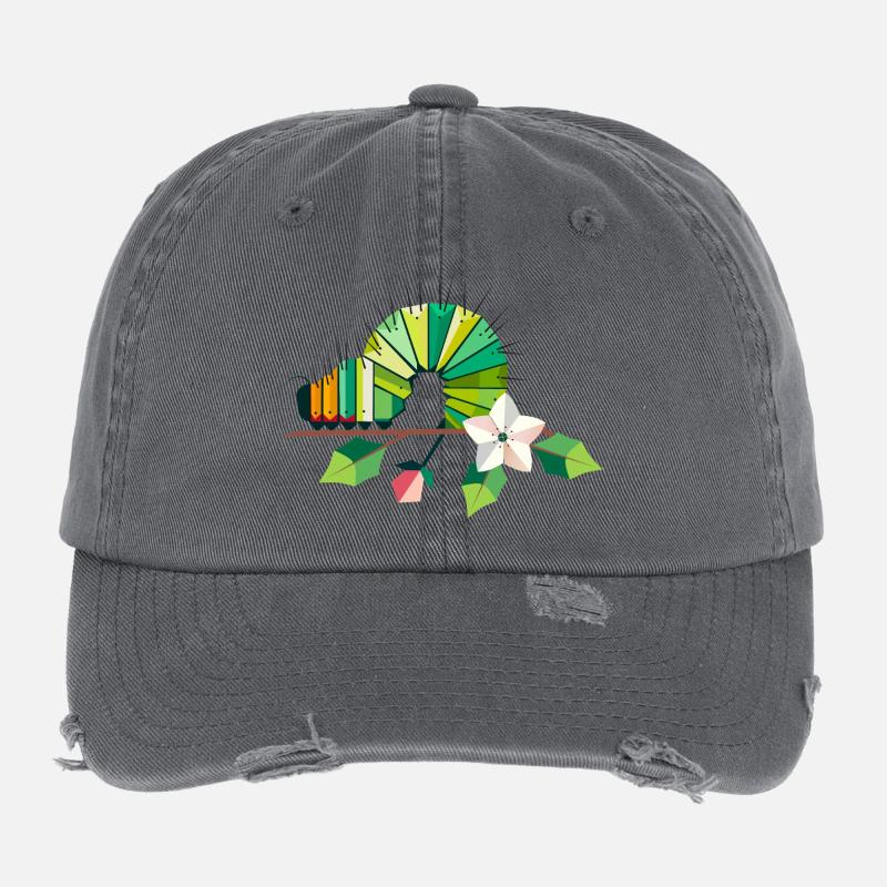 Chenille dans des tons verts vifs sur une branche de fleur Casquette vintage effet usé Flexfit