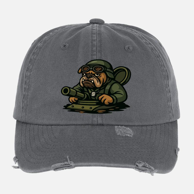 Bulldogge Panzerfahrer Militär Maskottchen Karikatur Kunst Flexfit Vintage Destroyed Cap