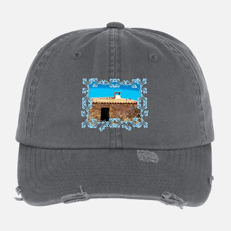 Cabane du village côtier à Majorque à Cadre Bleu Casquette vintage effet usé Flexfit
