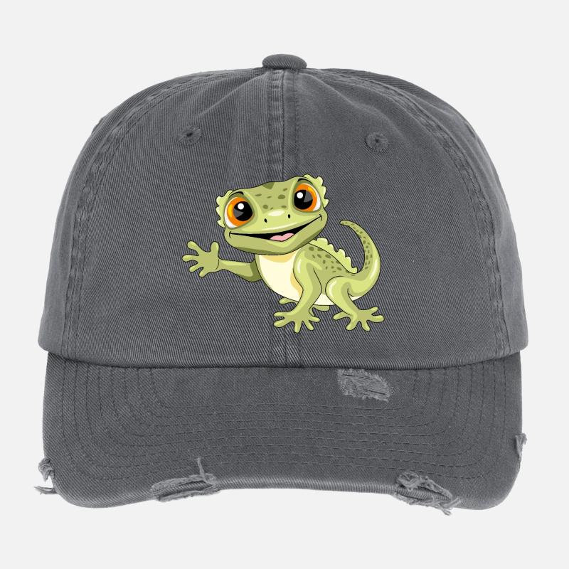 Lustiger lächelnder, einladender Gecko Flexfit Vintage Destroyed Cap