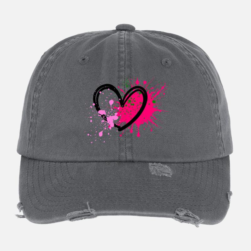 Neon-Splatterherz auf Schwarz Flexfit Vintage Destroyed Cap