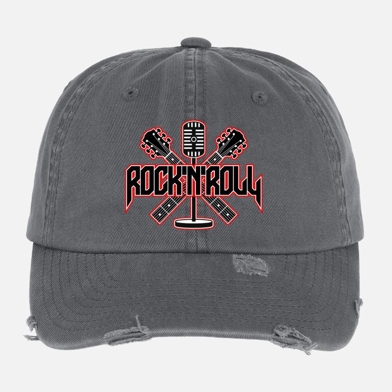 RocknRoll-Mikrofon und Gitarren-Emblem Flexfit Vintage Destroyed Cap
