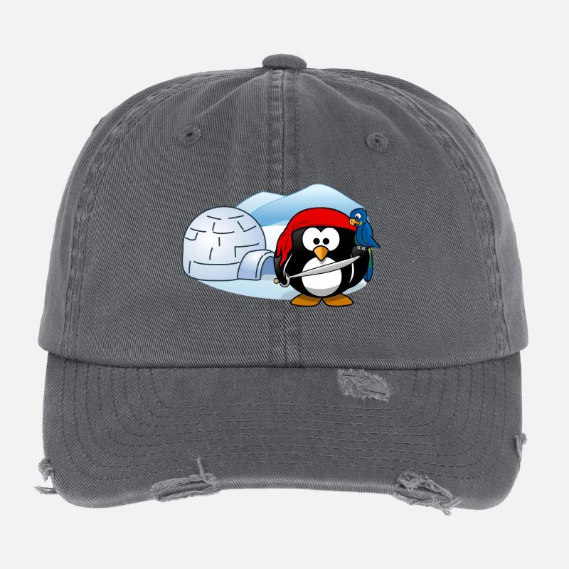 Pirate Penguin avec l'épée, perroquet et igloo. Casquette vintage effet usé Flexfit