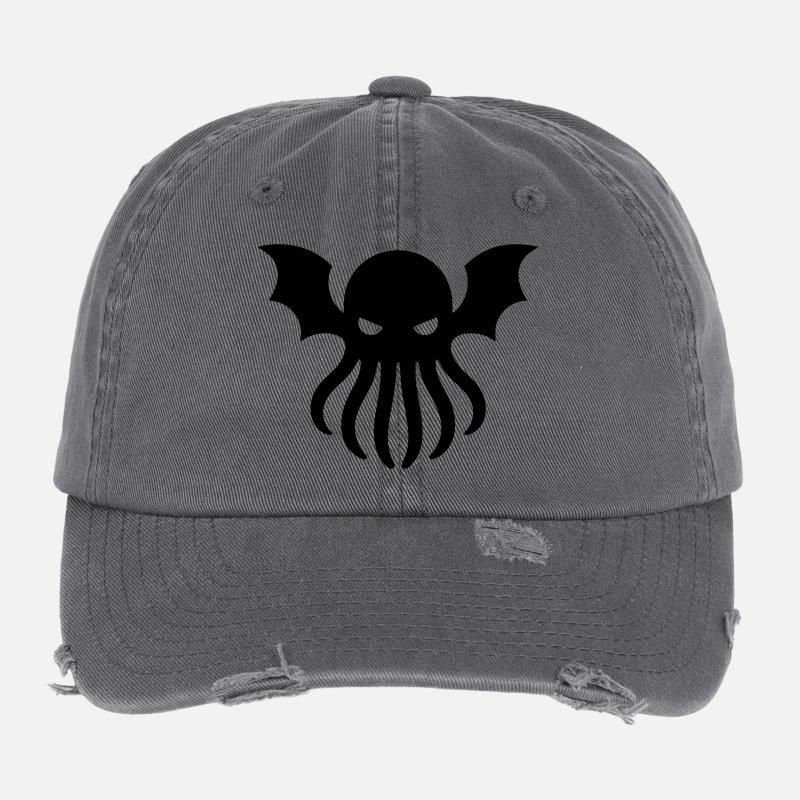 Geometrisches Cthulhu – Monochromes Symbol Flexfit Vintage Destroyed Cap