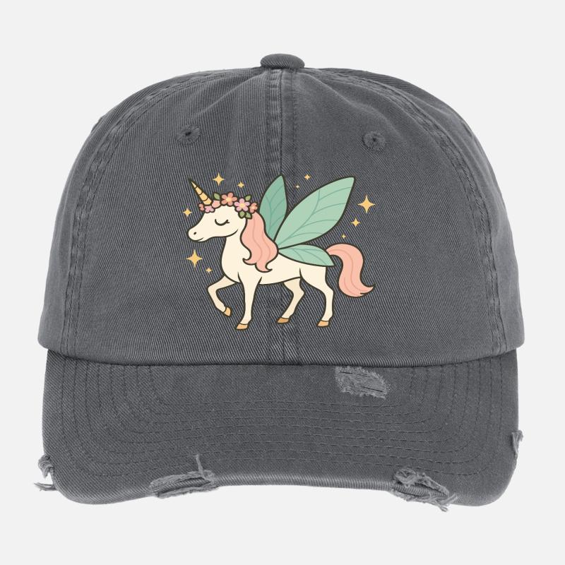 Niedliches Feen-Einhorn mit Blumen und Glitzern Flexfit Vintage Destroyed Cap