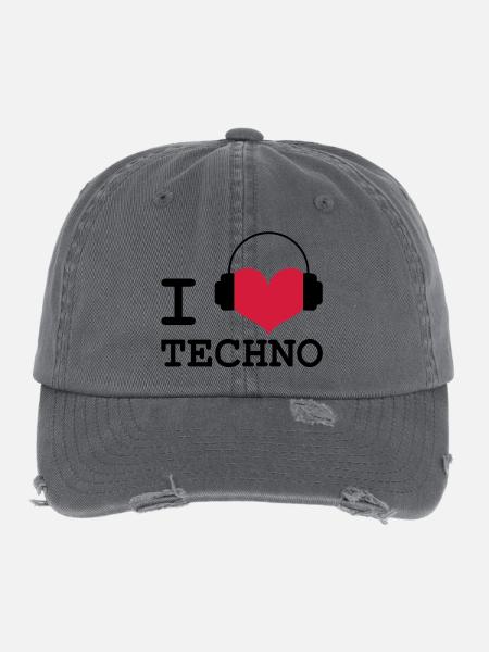I Love Techno! - Flexfit Vintage Destroyed Cap - Dunkelgrau - Vorne