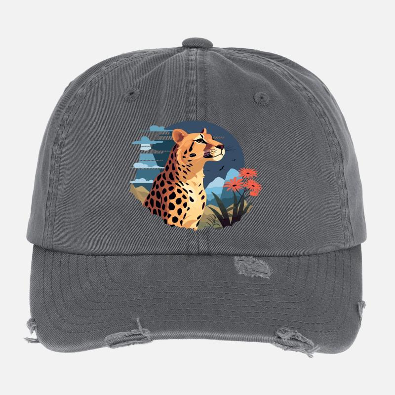 Leopard Portrait Tier Illustration TShirt Flexfit Vintage Destroyed Cap