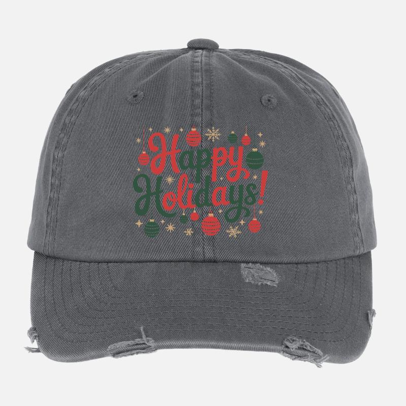 Happy Holidays Ornaments Script Flexfit Vintage Destroyed Cap