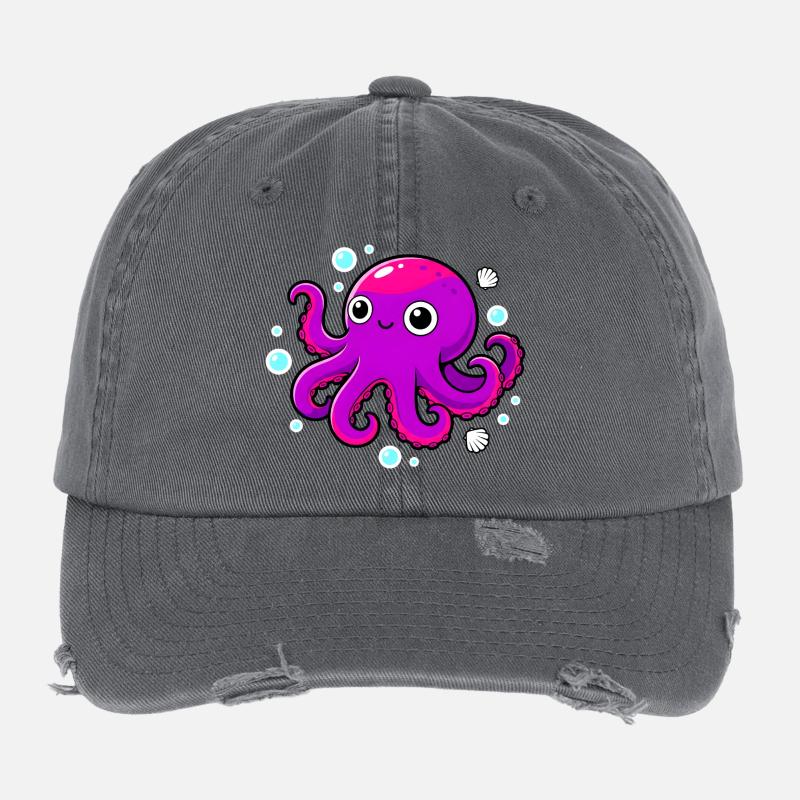 Cute Smiling Purple Octopus Flexfit Vintage Destroyed Cap