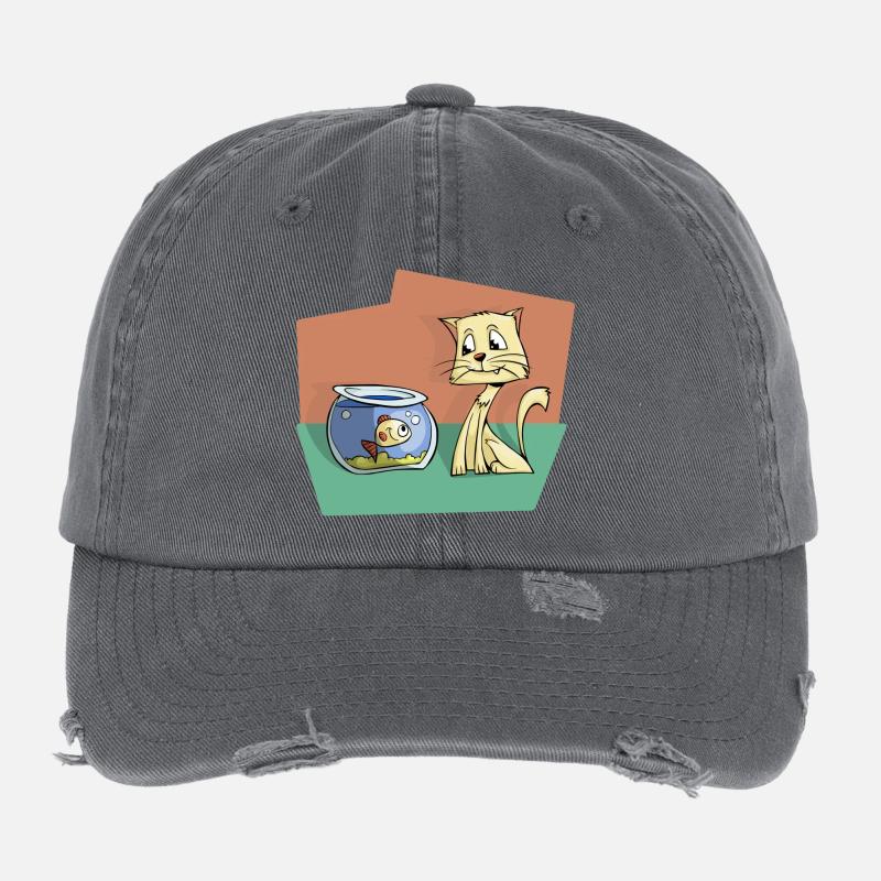 Cat with fish Flexfit Vintage Destroyed Cap